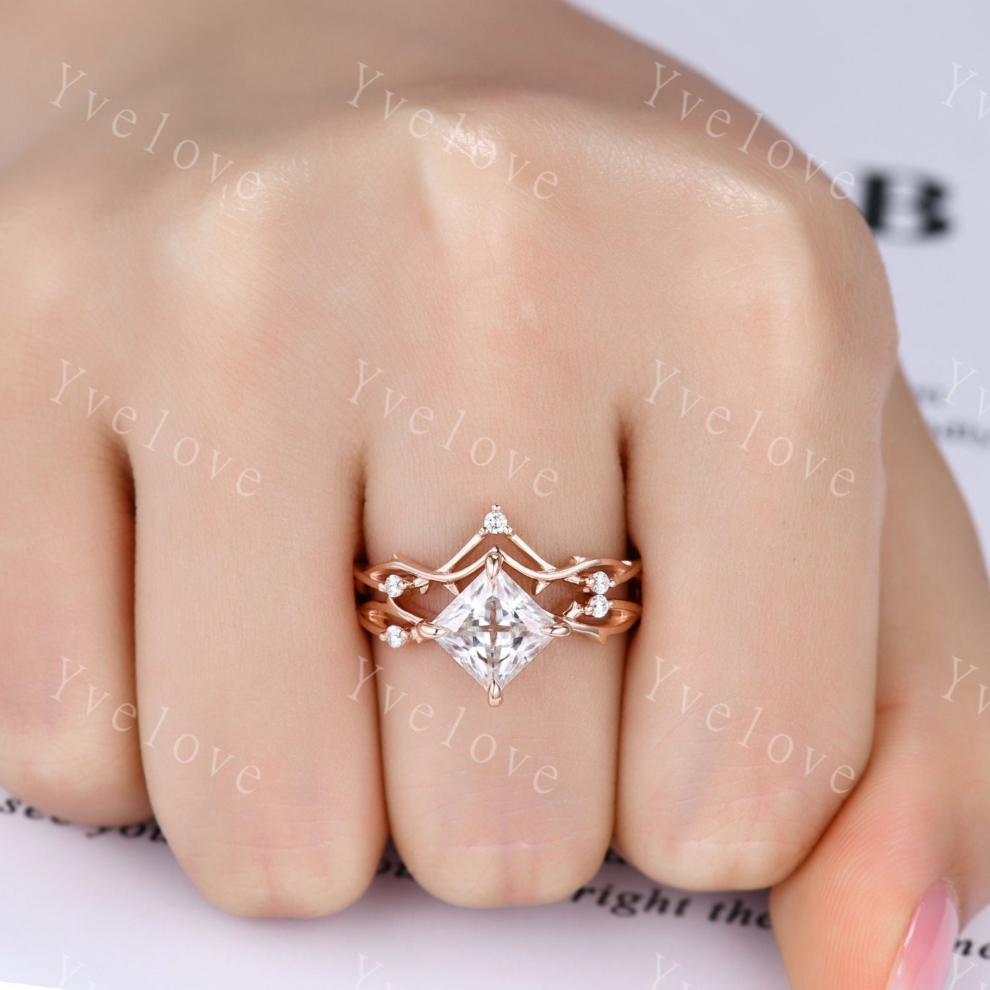 Vintage Princess Cut Moissanite Engagement Ring Set,Twisted Ring,Leaf Vines Moissanite Bridal Set,Branch Ring,Dainty Twig Diamond Ring Gift