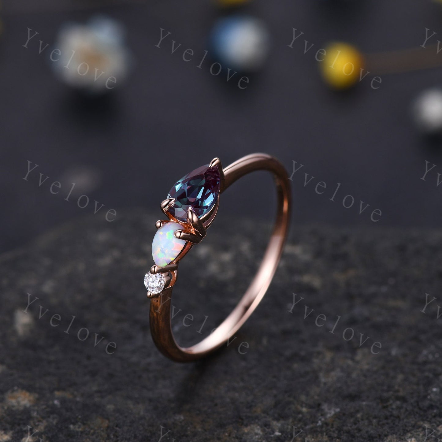 Vintage Alexandrite Opal Engagement Ring,Pear Cut Gems,Art Deco Moissanite Wedding Band,3 Stone Unique Women Bridal Promise Ring,Solid Gold