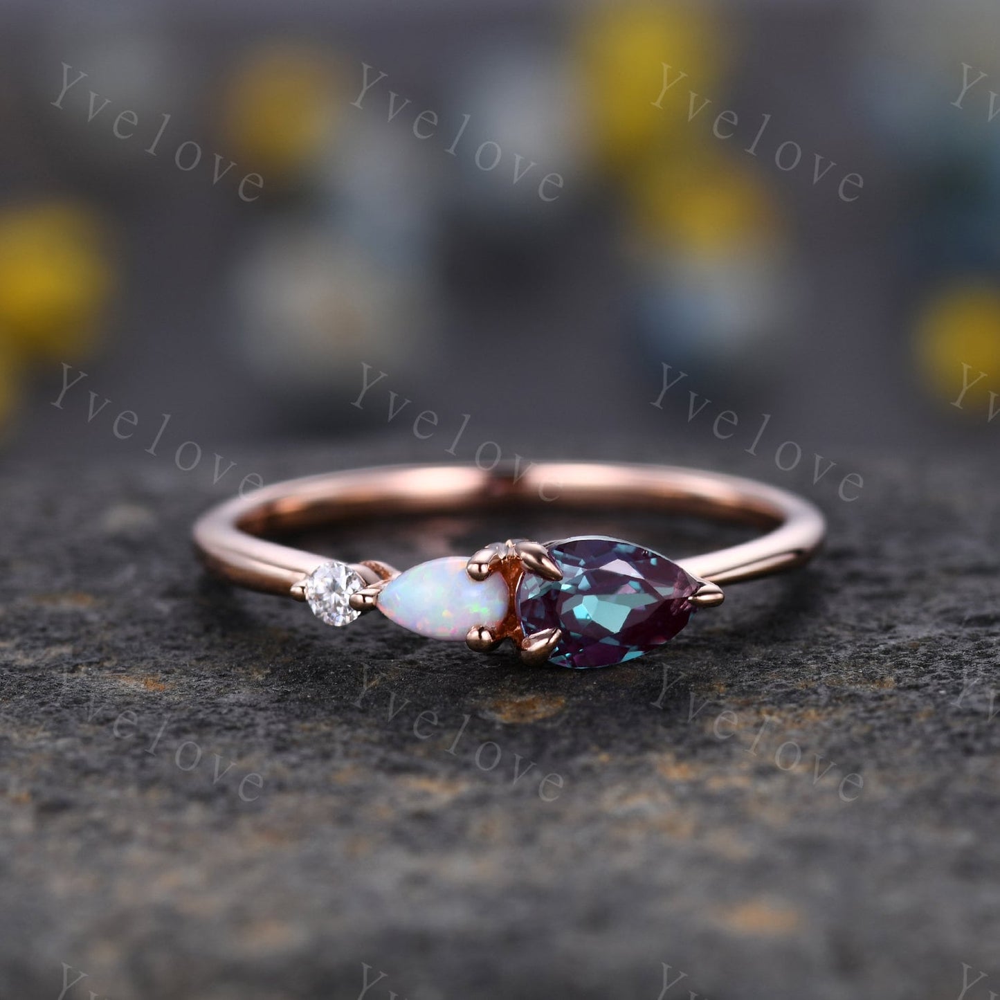 Vintage Alexandrite Opal Engagement Ring,Pear Cut Gems,Art Deco Moissanite Wedding Band,3 Stone Unique Women Bridal Promise Ring,Solid Gold