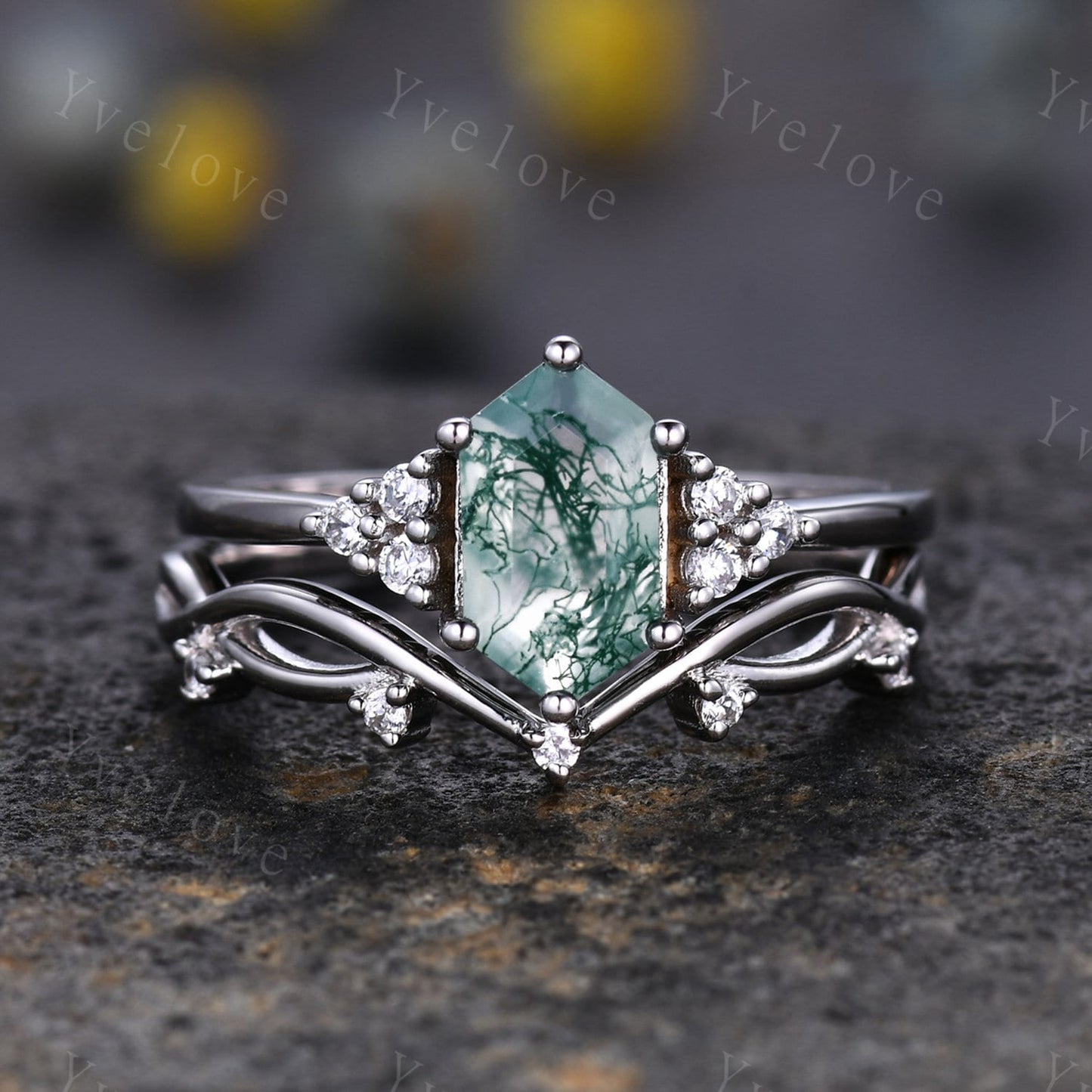 Retro Long hexagon Moss Agate Ring,Vintage Rose gold Ring Set,Unique Agate Engagement Ring,Women Promise Ring,Anniversary Ring Gift For Her