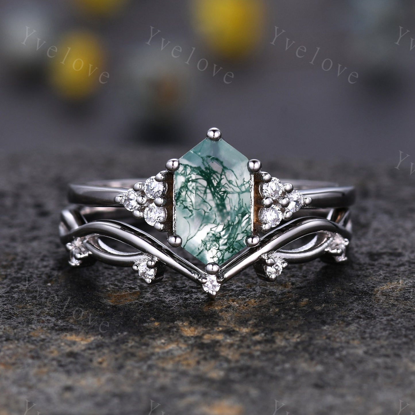 Retro Long hexagon Moss Agate Ring,Vintage Black Silver Ring Set,Unique Agate Engagement Ring,Promise Ring,Anniversary Ring Gift For Her