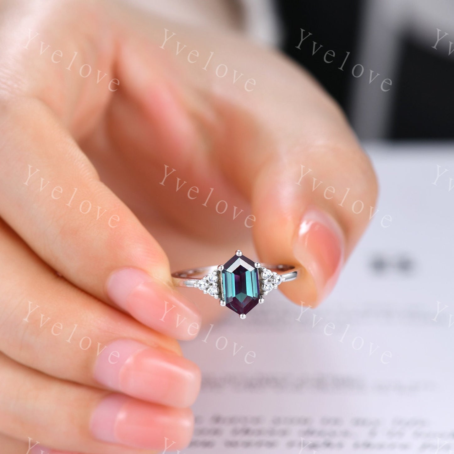 Retro Long hexagon Alexandrite Ring,Vintage Sterling Silver Ring,Unique Brial Engagement Ring Set,Promise Ring,Anniversary Ring Gift For Her