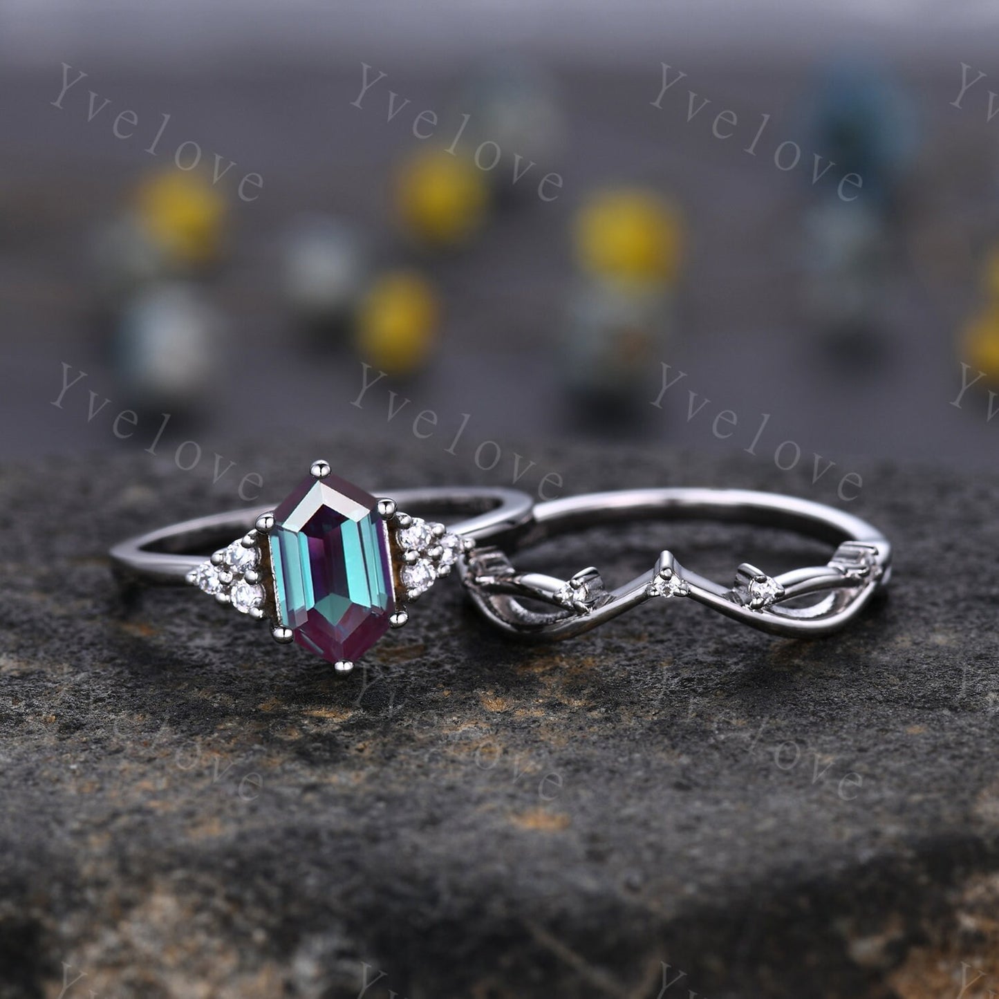 Retro Long hexagon Alexandrite Ring,Vintage Sterling Silver Ring,Unique Brial Engagement Ring Set,Promise Ring,Anniversary Ring Gift For Her