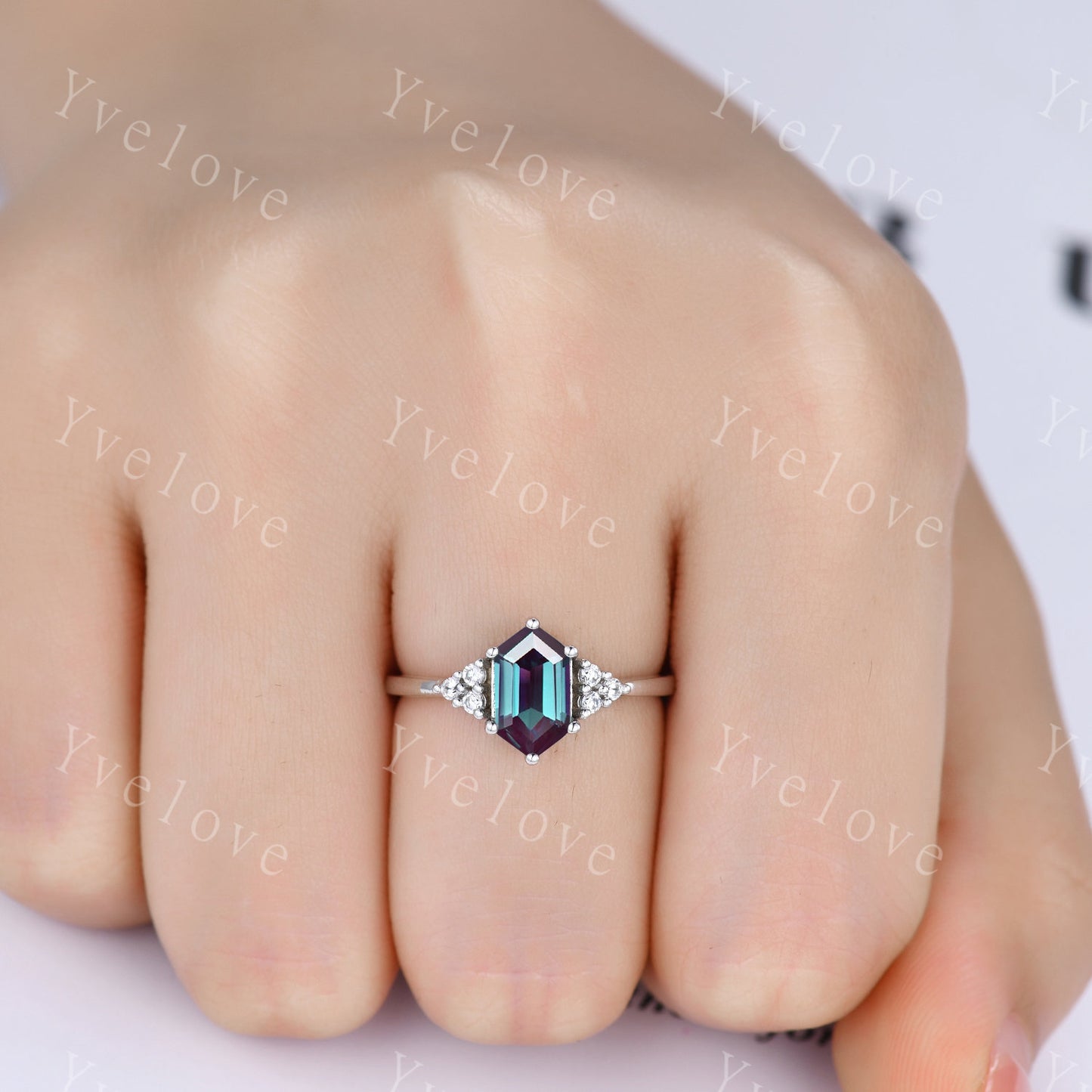 Retro Long hexagon Alexandrite Ring,Vintage Sterling Silver Ring,Unique Brial Engagement Ring Set,Promise Ring,Anniversary Ring Gift For Her