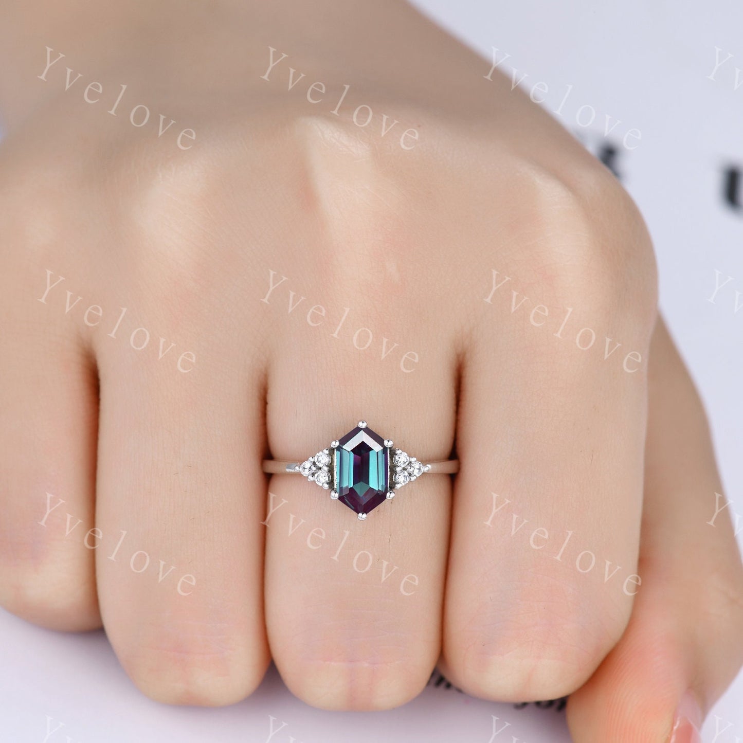 Retro Long hexagon Alexandrite Ring,Vintage Sterling Silver Ring Set,Unique Engagement Ring,Promise Ring,Anniversary Brial Ring Gift For Her