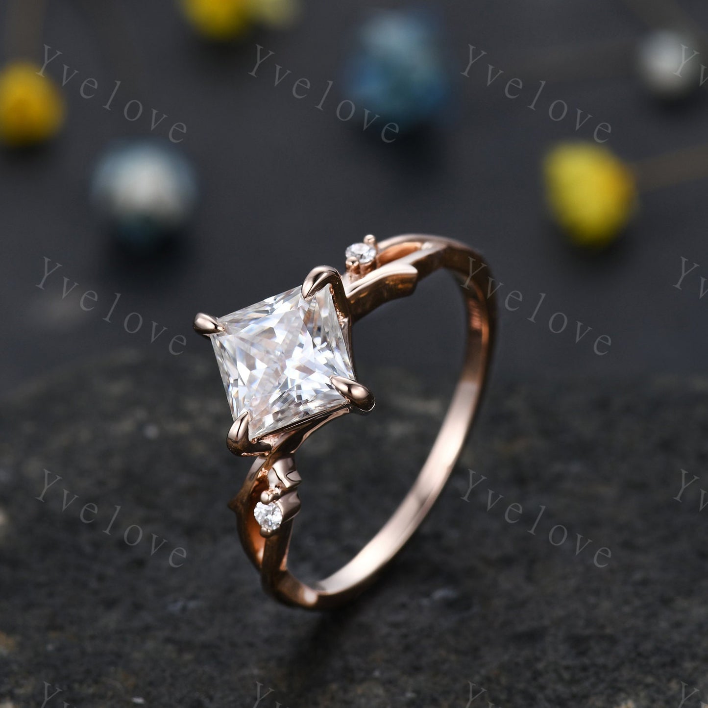 Vintage Princess Shaped Moissanite Engagement Ring,Twisted Ring,Leaf Vines Moissanite Bridal Ring,Branch Ring,Dainty Twig Diamond Ring Gift