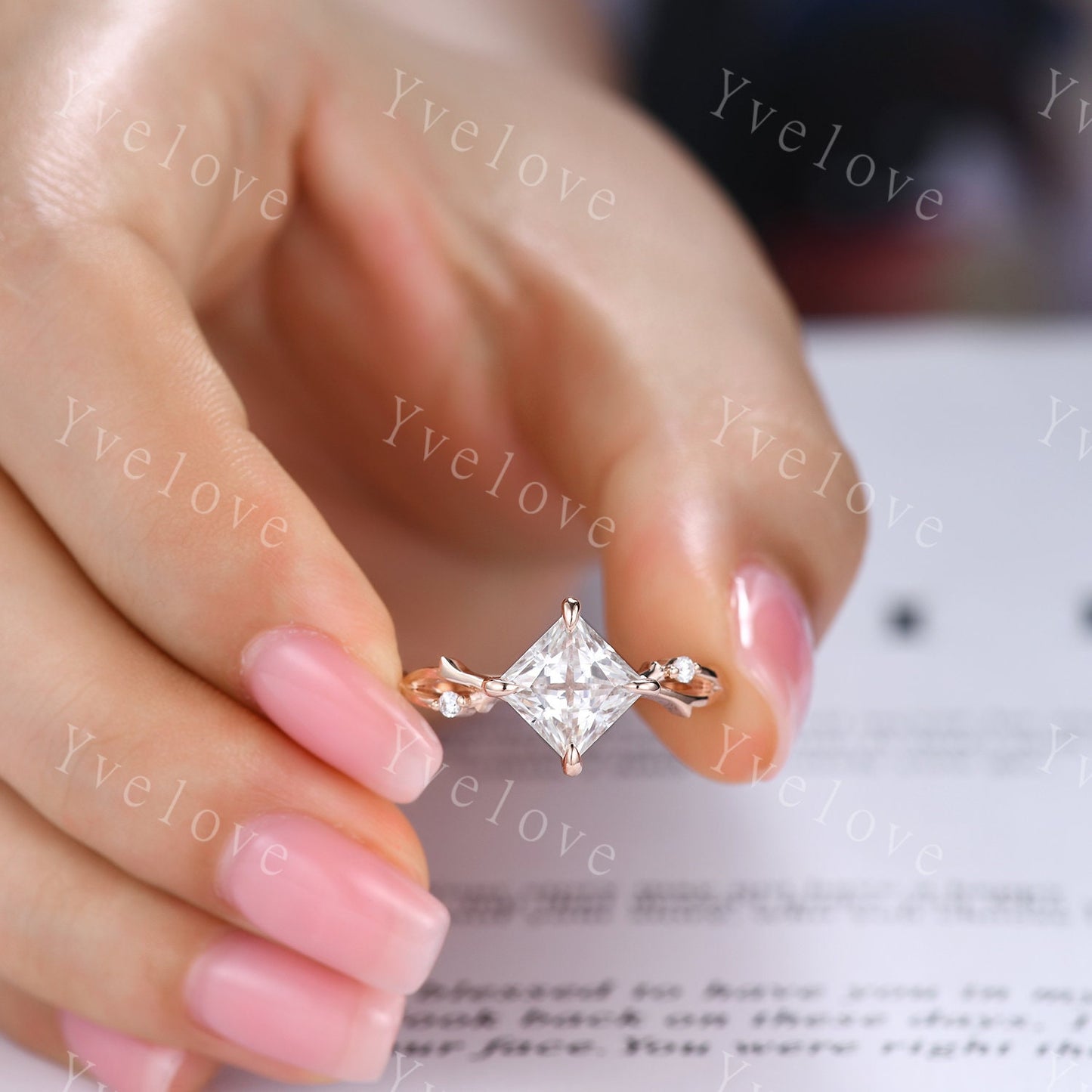 Vintage Princess Shaped Moissanite Engagement Ring,Twisted Ring,Leaf Vines Moissanite Bridal Ring,Branch Ring,Dainty Twig Diamond Ring Gift