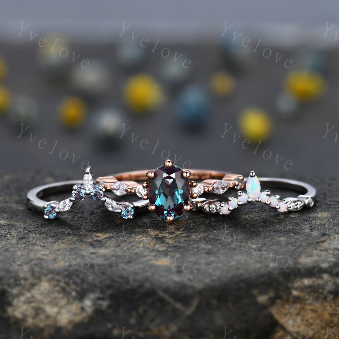 Vintage alexandrite engagement ring set,Unique gold wedding set,Art deco opal alexandrite matching stacking ring,bridal set,rings for women