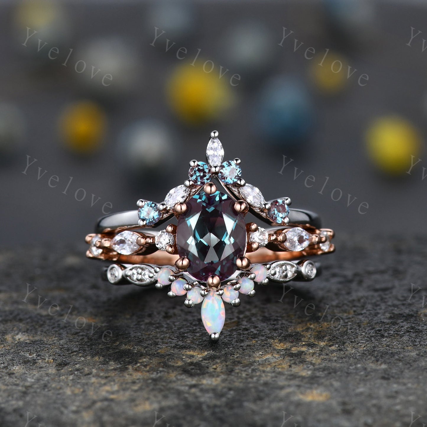 Vintage alexandrite engagement ring set,Unique gold wedding set,Art deco opal alexandrite matching stacking ring,bridal set,rings for women