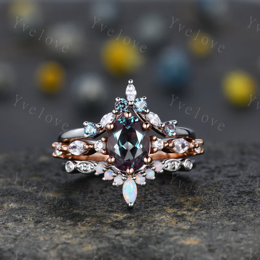Vintage alexandrite engagement ring set,Unique gold wedding set,Art deco opal alexandrite matching stacking ring,bridal set,rings for women