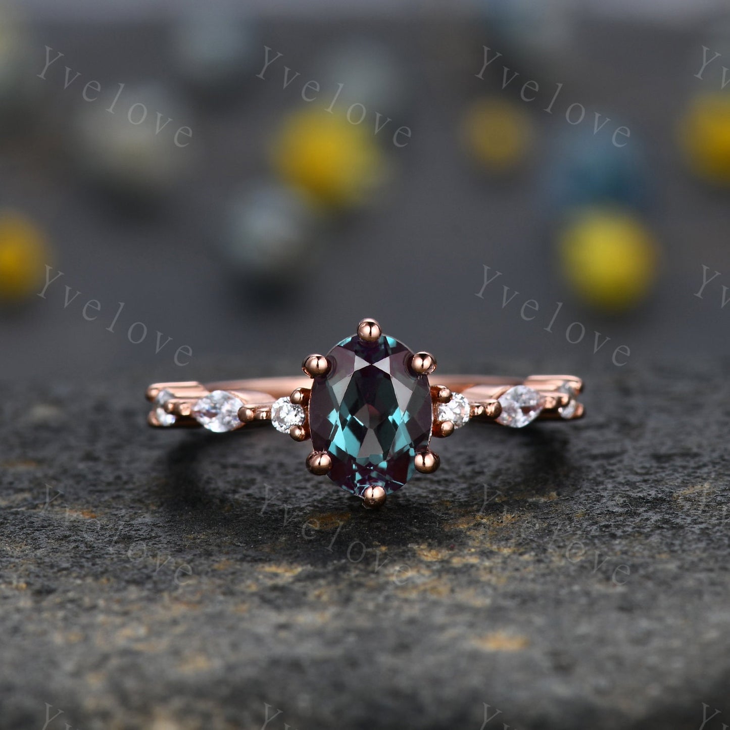 Vintage alexandrite engagement ring set,Unique gold wedding set,Art deco opal alexandrite matching stacking ring,bridal set,rings for women