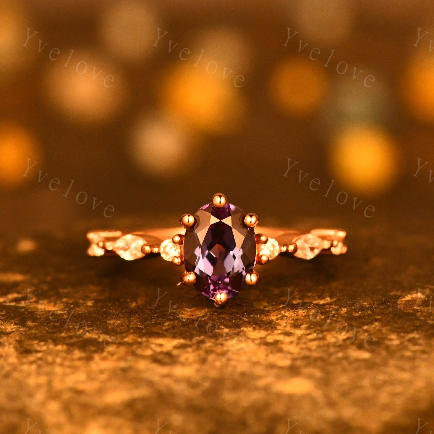 Vintage alexandrite engagement ring,Unique diamond gold wedding ring,Art deco alexandrite matching stacking ring,bridal rings for women