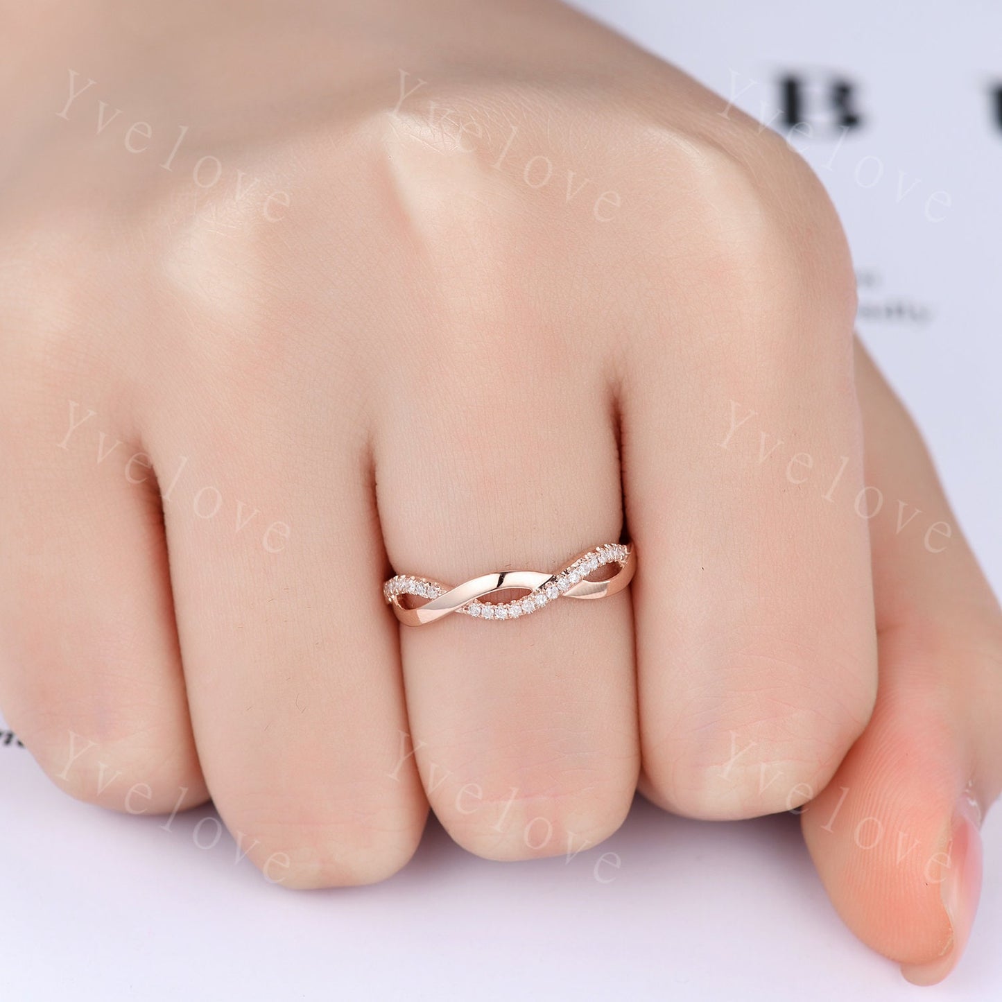 Diamond wedding band 14k rose gold twist diamond infinity matching wedding ring natural SI stone womrn stacking bridal ring custom jewelry