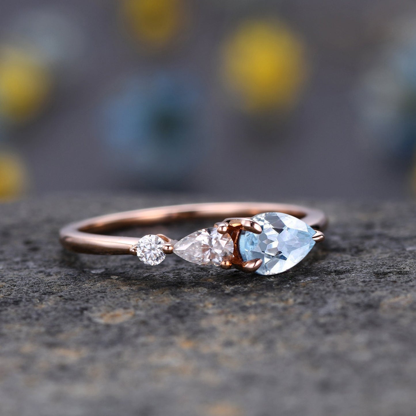 Vintage Aquamarine Ring Engagement Ring,Pear Cut Gems,Art Deco Moissanite Wedding Band,3 Stone Unique Women Bridal Promise Ring Customized