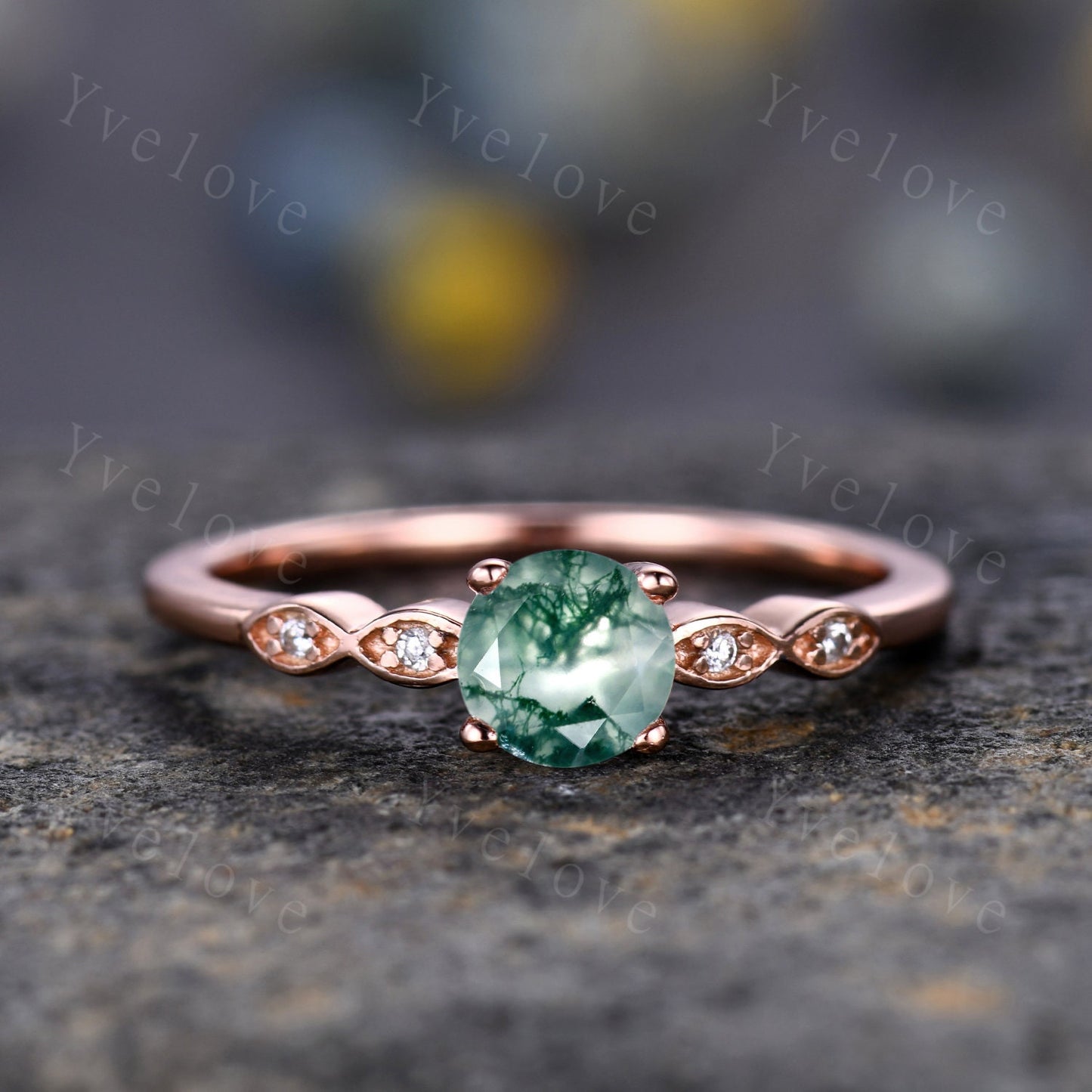 Minimalist moss agate engagement ring,5mm round cut green agate ring,14k solid gold women art deco diamond wedding Stacking band bridal ring