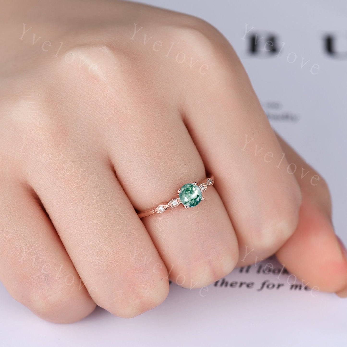 Minimalist moss agate engagement ring,5mm round cut green agate ring,14k solid gold women art deco diamond wedding Stacking band bridal ring