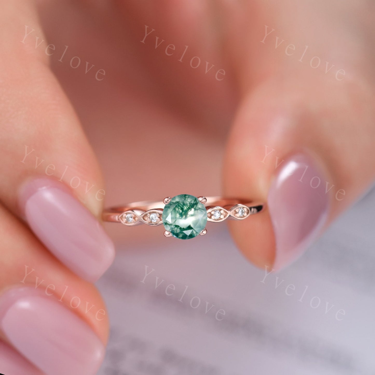 Minimalist moss agate engagement ring,5mm round cut green agate ring,14k solid gold women art deco diamond wedding Stacking band bridal ring