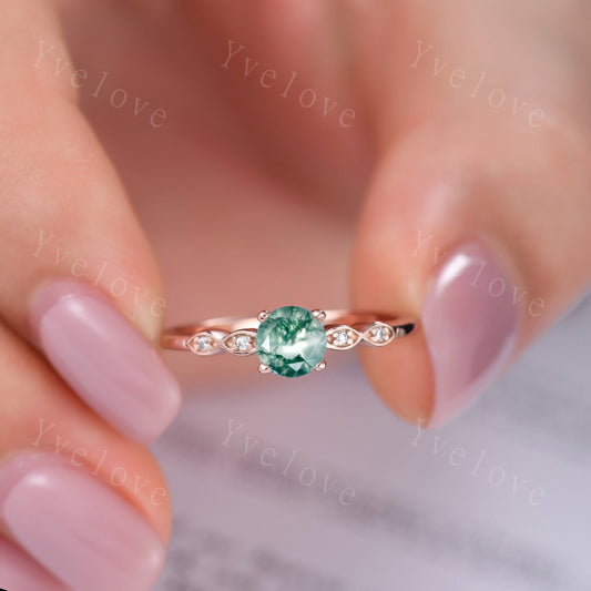 Minimalist moss agate engagement ring,5mm round cut green agate ring,14k solid gold women art deco diamond wedding Stacking band bridal ring