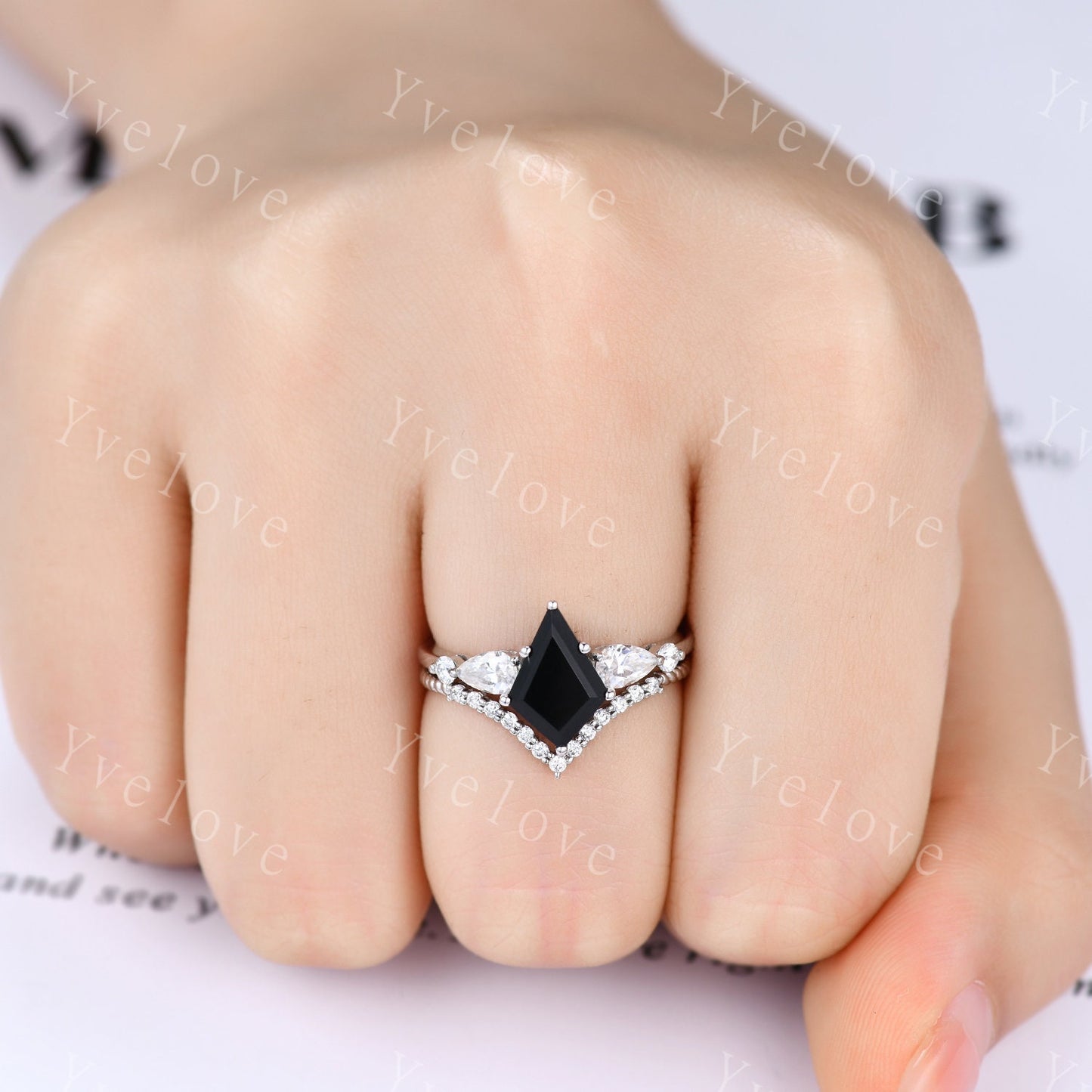 Vintage kite cut black onyx ring engagement ring set art deco moissanite wedding ring for women white gold unique bridal set custom gift