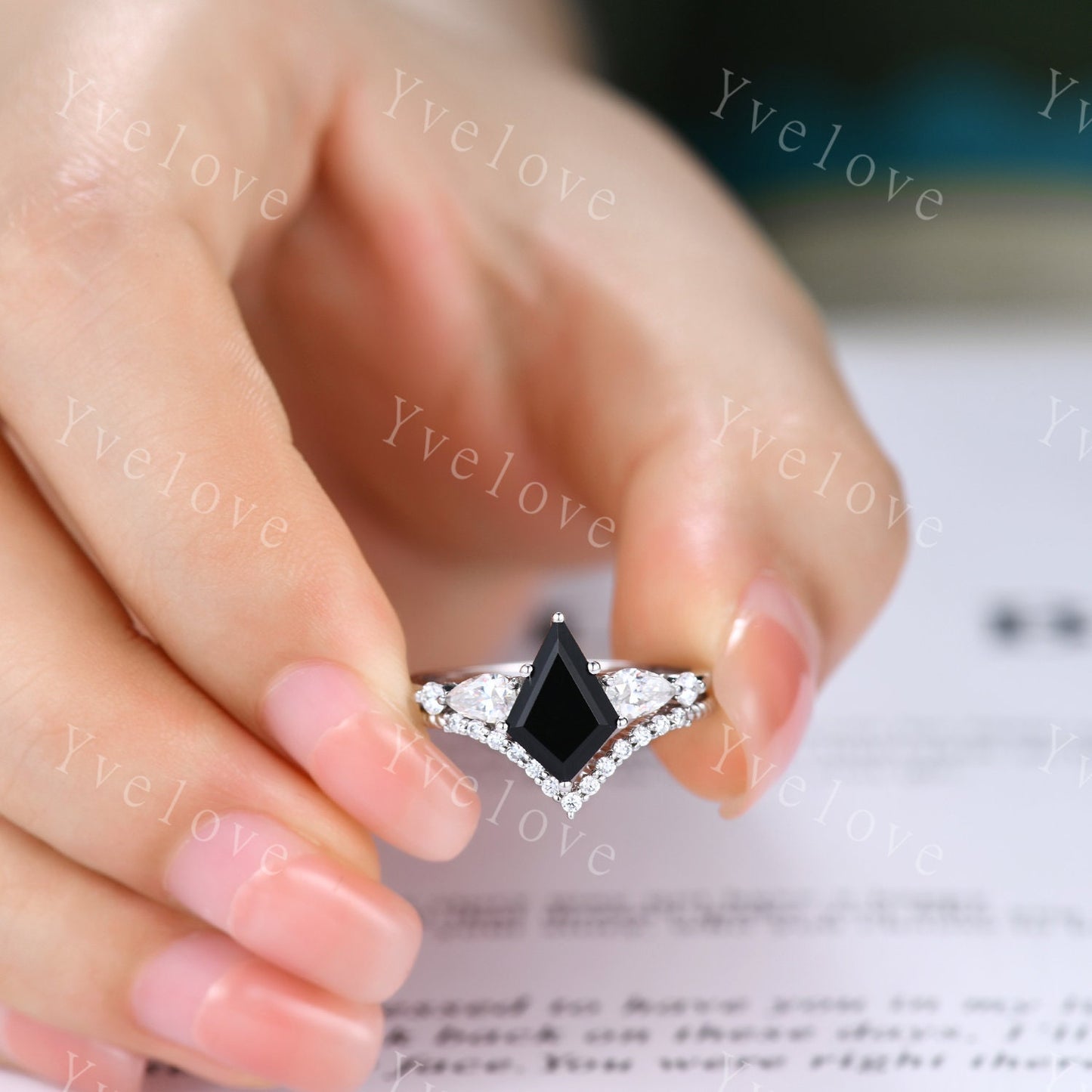 Vintage kite cut black onyx ring engagement ring set art deco moissanite wedding ring for women white gold unique bridal set custom gift