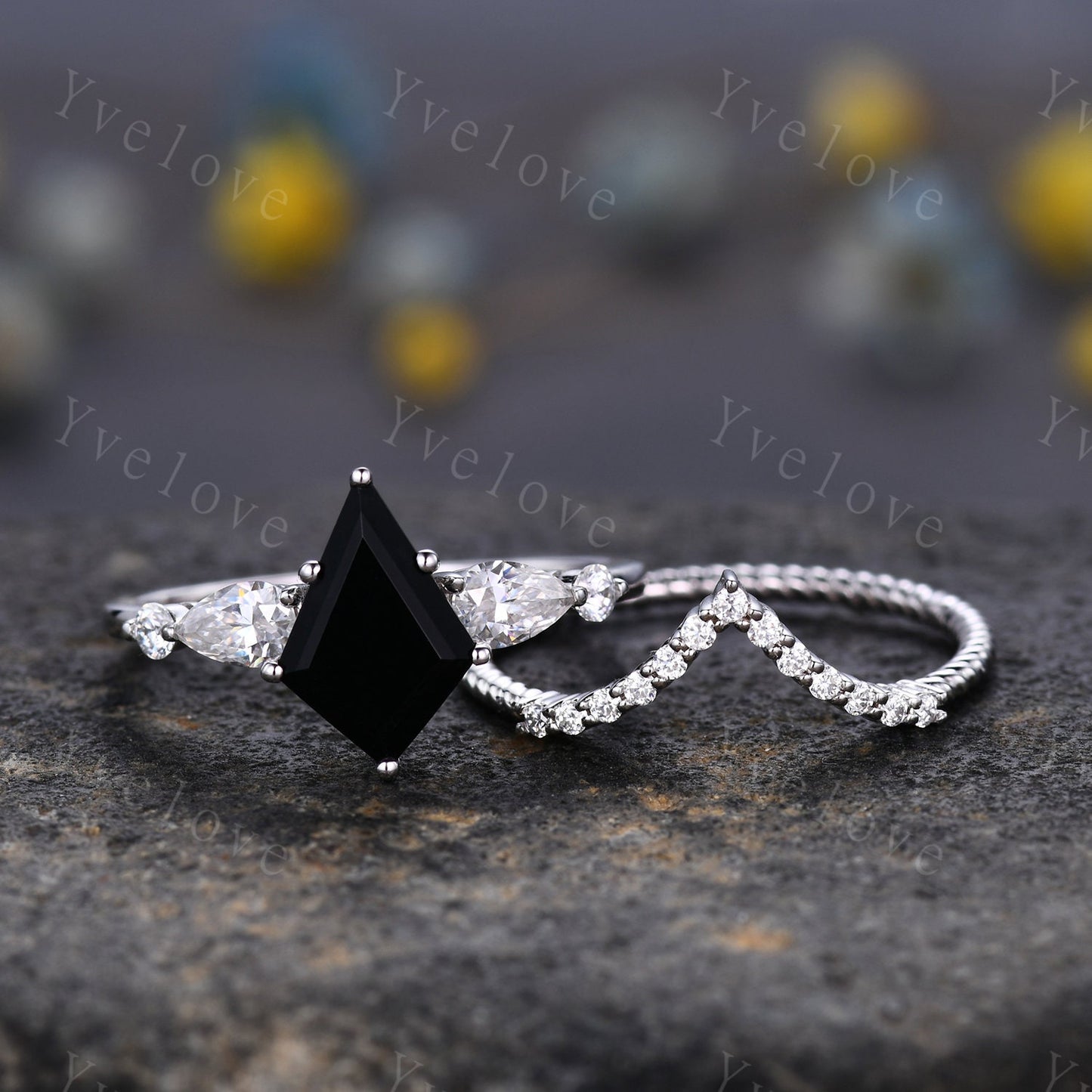 Vintage kite cut black onyx ring engagement ring set art deco moissanite wedding ring for women white gold unique bridal set custom gift