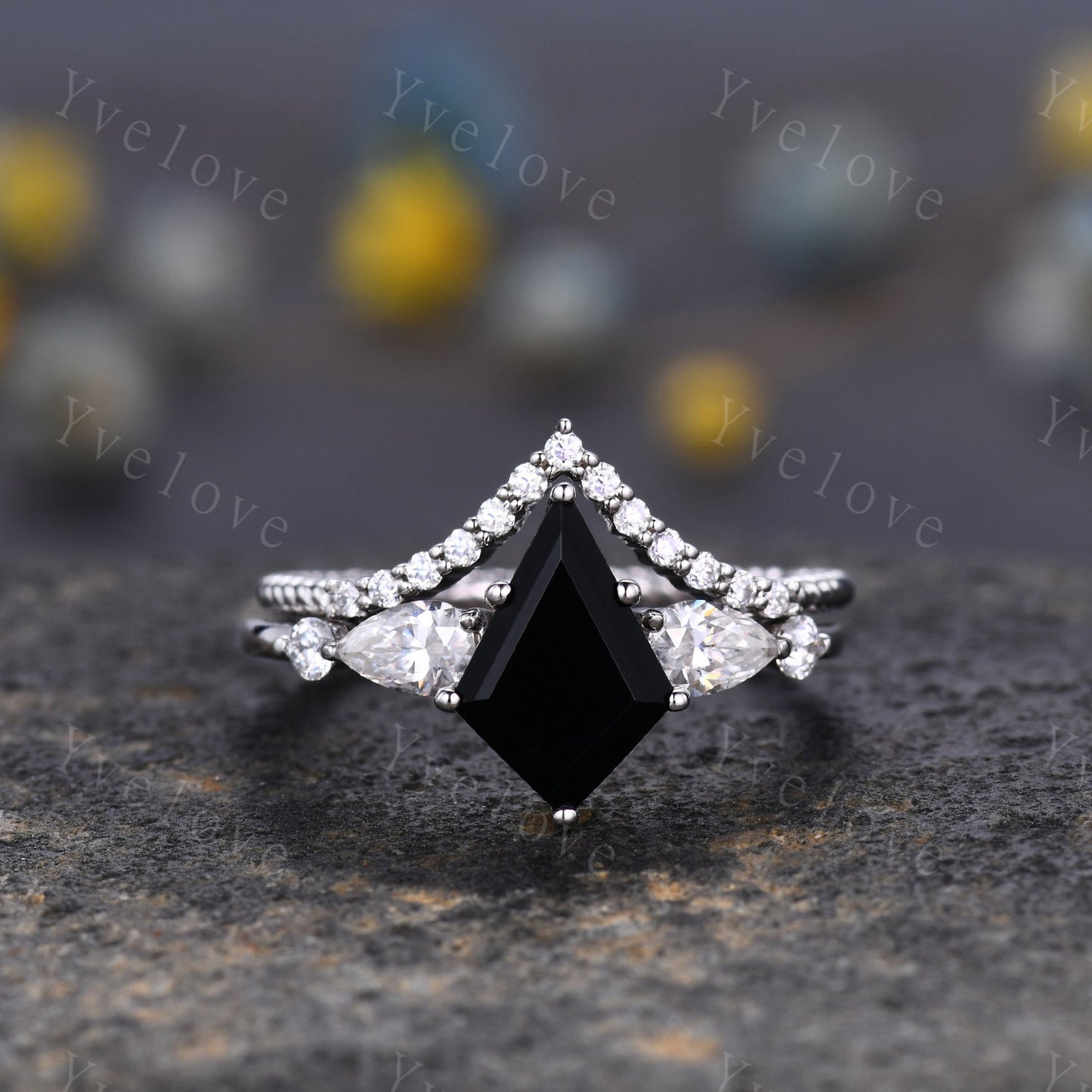 Vintage kite cut black onyx ring engagement ring set art deco moissanite wedding ring for women white gold unique bridal set custom gift