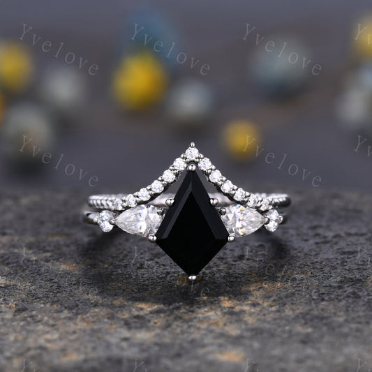Vintage kite cut black onyx ring engagement ring set art deco moissanite wedding ring for women white gold unique bridal set custom gift