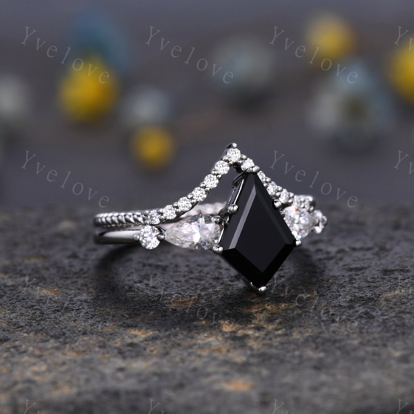Vintage kite cut black onyx ring engagement ring set art deco moissanite wedding ring for women white gold unique bridal set custom gift