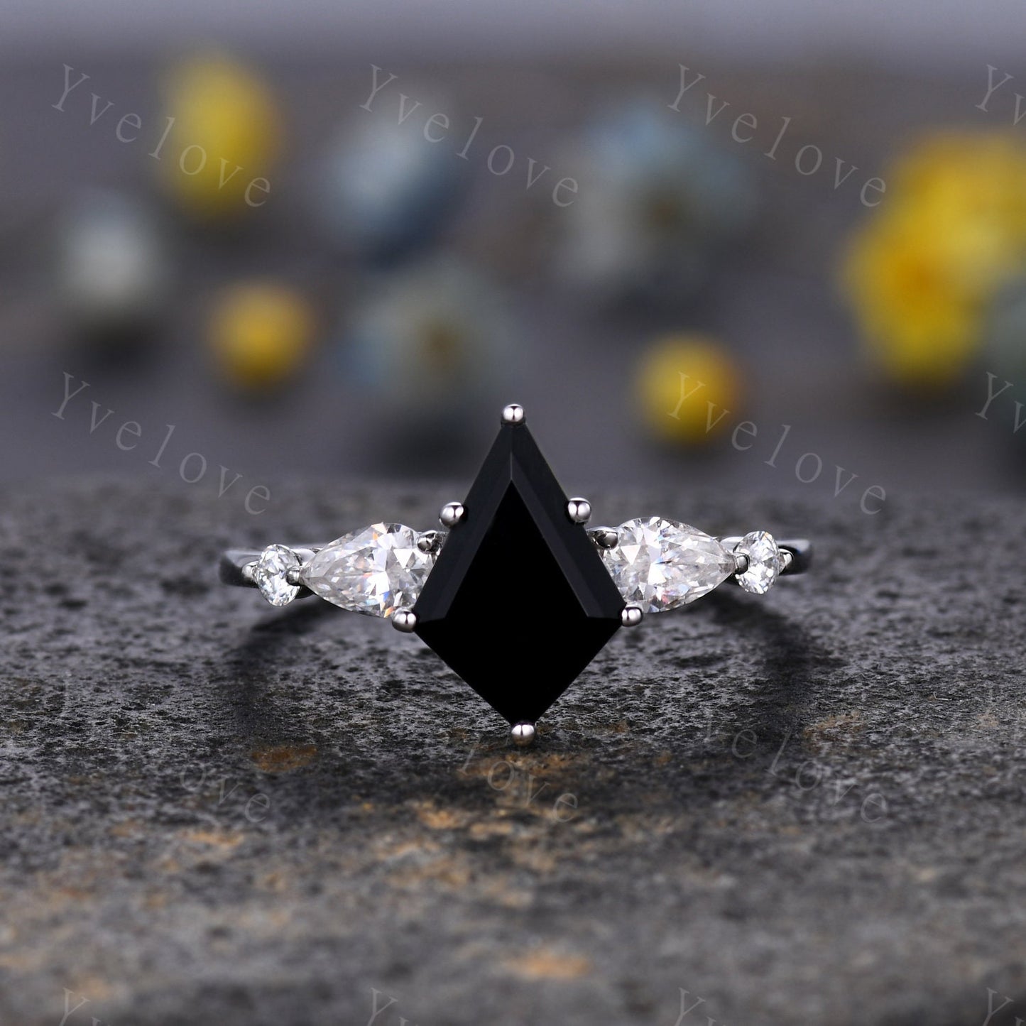 Vintage kite cut black onyx ring engagement ring set art deco moissanite wedding ring for women white gold unique bridal set custom gift