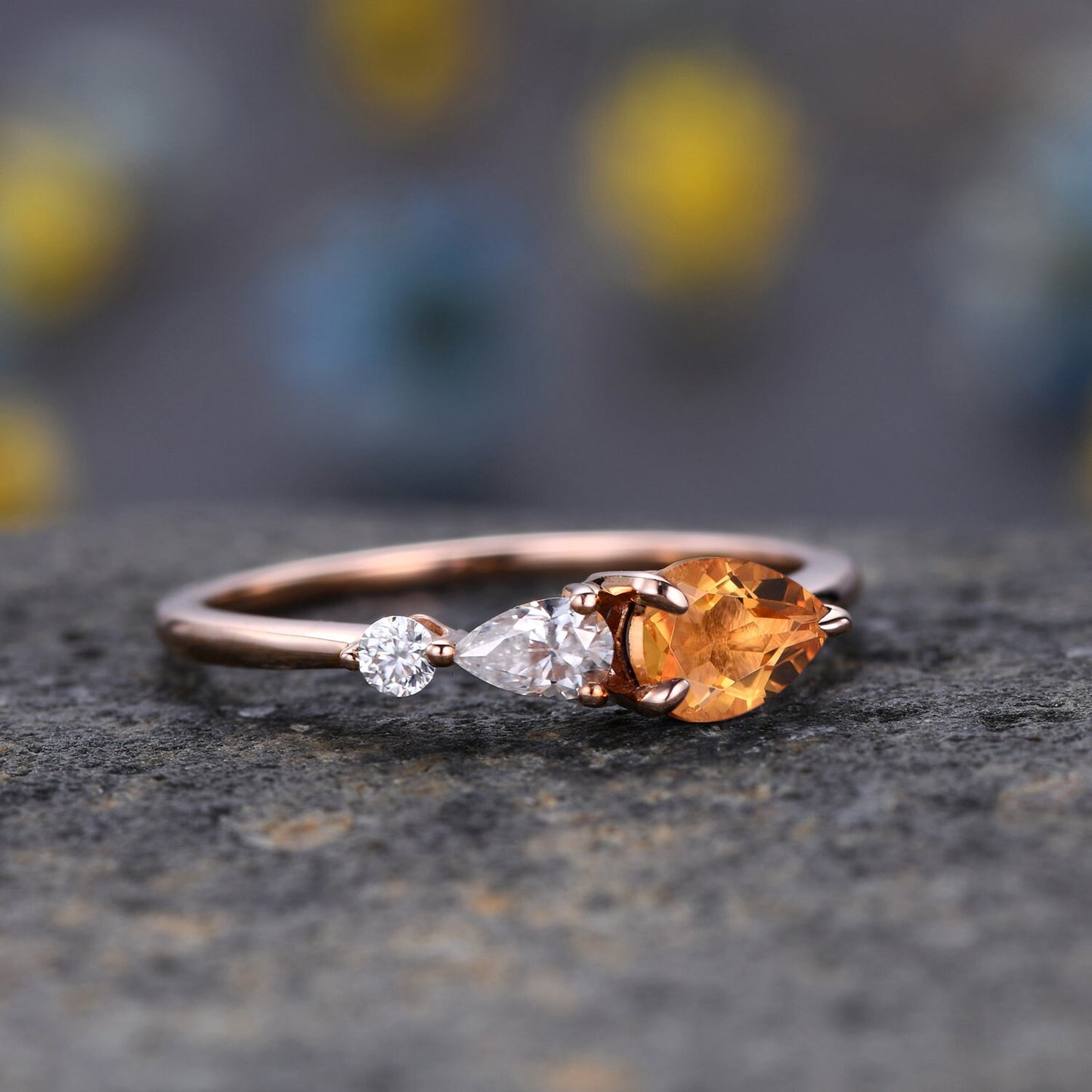 Vintage Yellow Citrine Engagement Ring,Pear Cut Gems,Art Deco Moissanite Wedding Band,3 Stone Unique Women Bridal Promise Ring,14k Rose gold