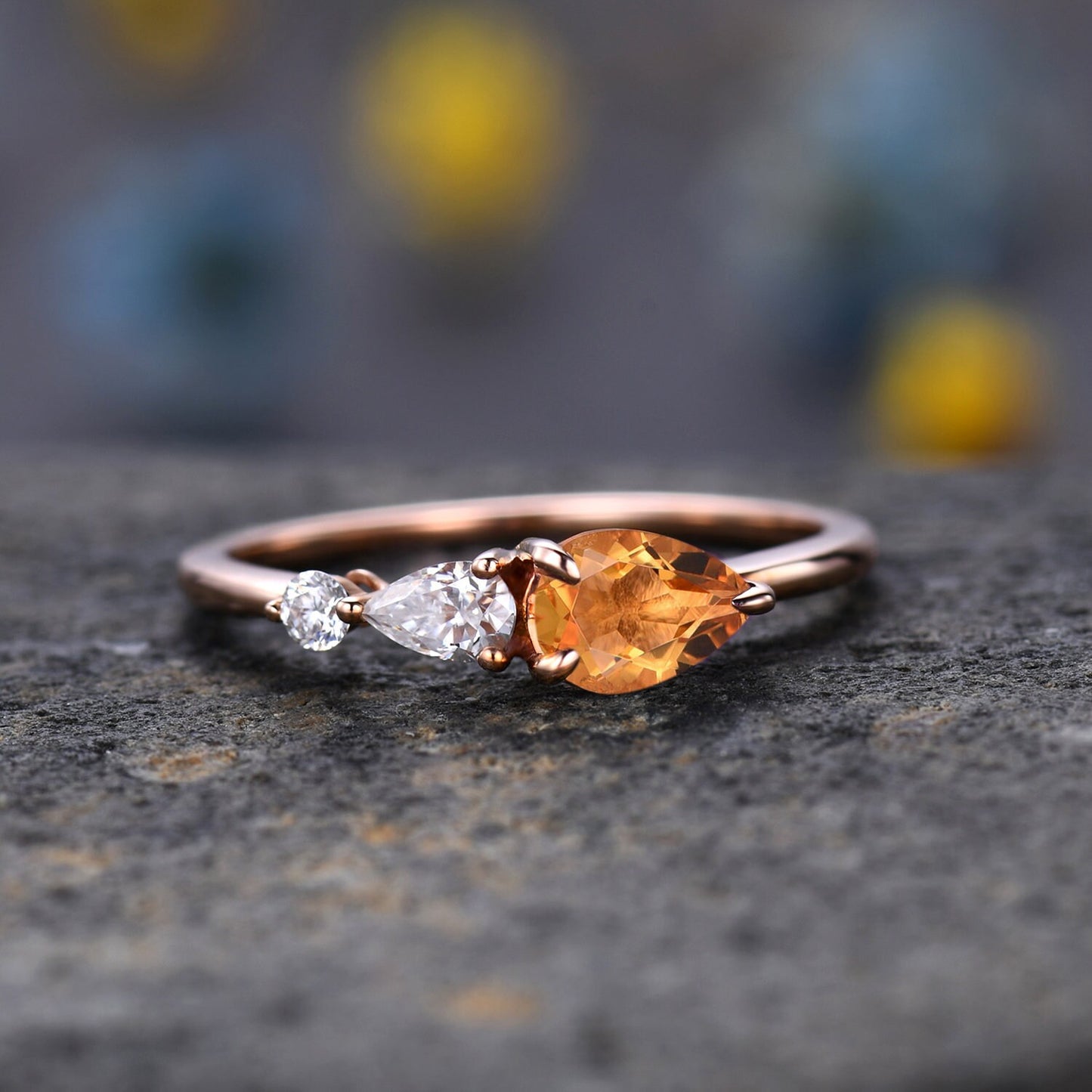 Vintage Yellow Citrine Engagement Ring,Pear Cut Gems,Art Deco Moissanite Wedding Band,3 Stone Unique Women Bridal Promise Ring,14k Rose gold