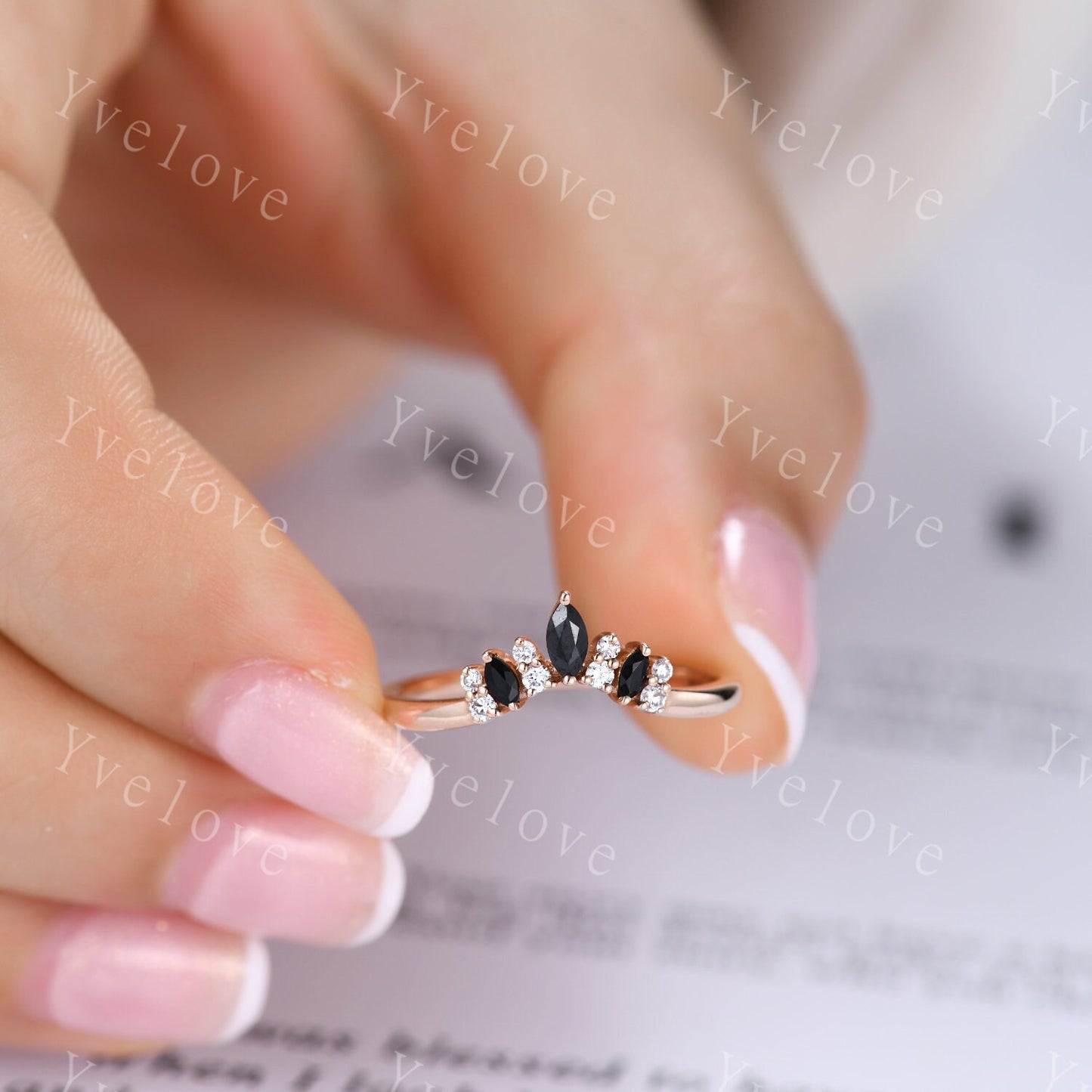 Black Spinel Wedding Band Moissanite Wedding Ring Rose Gold Engagement Ring Stacking Ring Curved Wedding Band Sterling Silver Dainty Ring