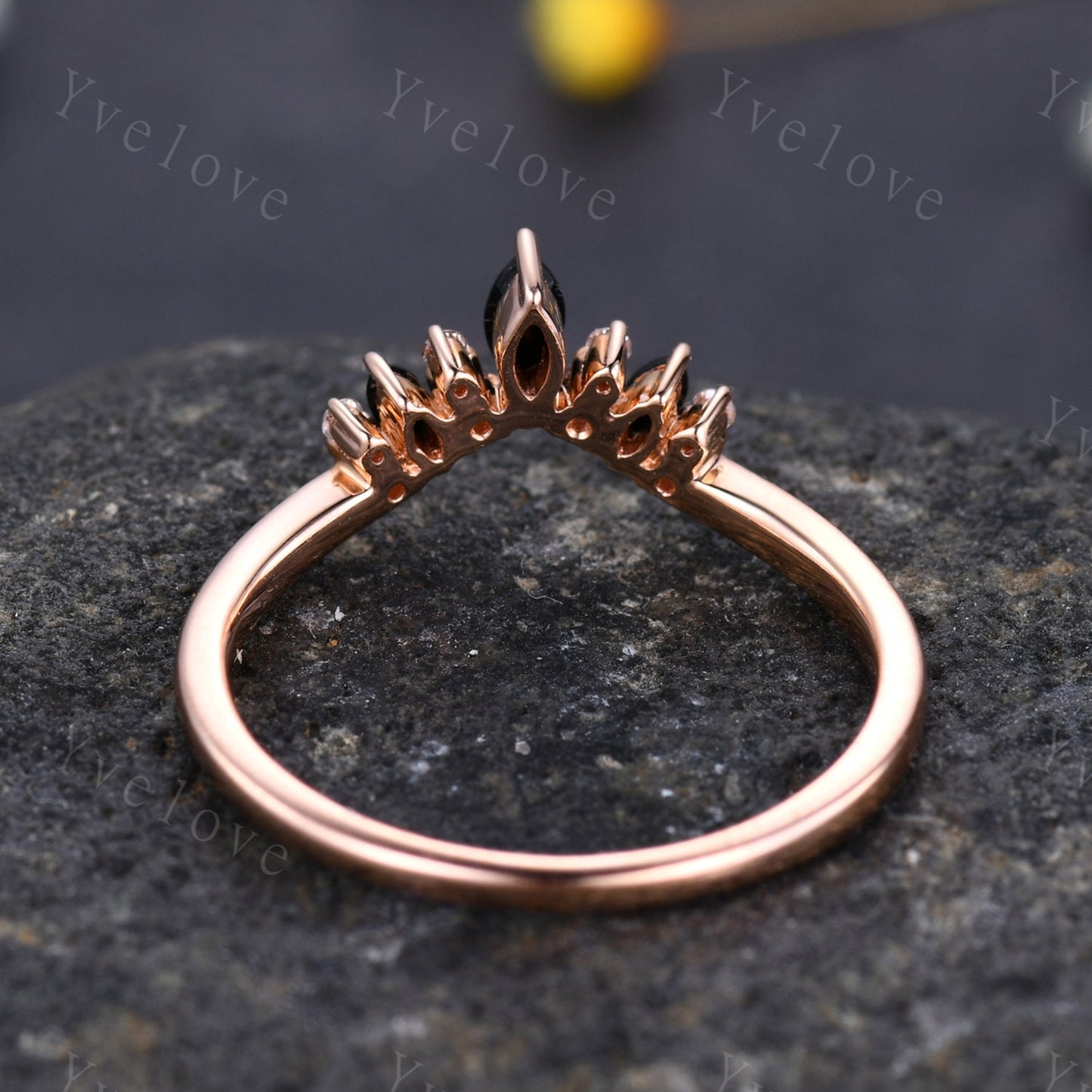 Black Spinel Wedding Band Moissanite Wedding Ring Rose Gold Engagement Ring Stacking Ring Curved Wedding Band Sterling Silver Dainty Ring