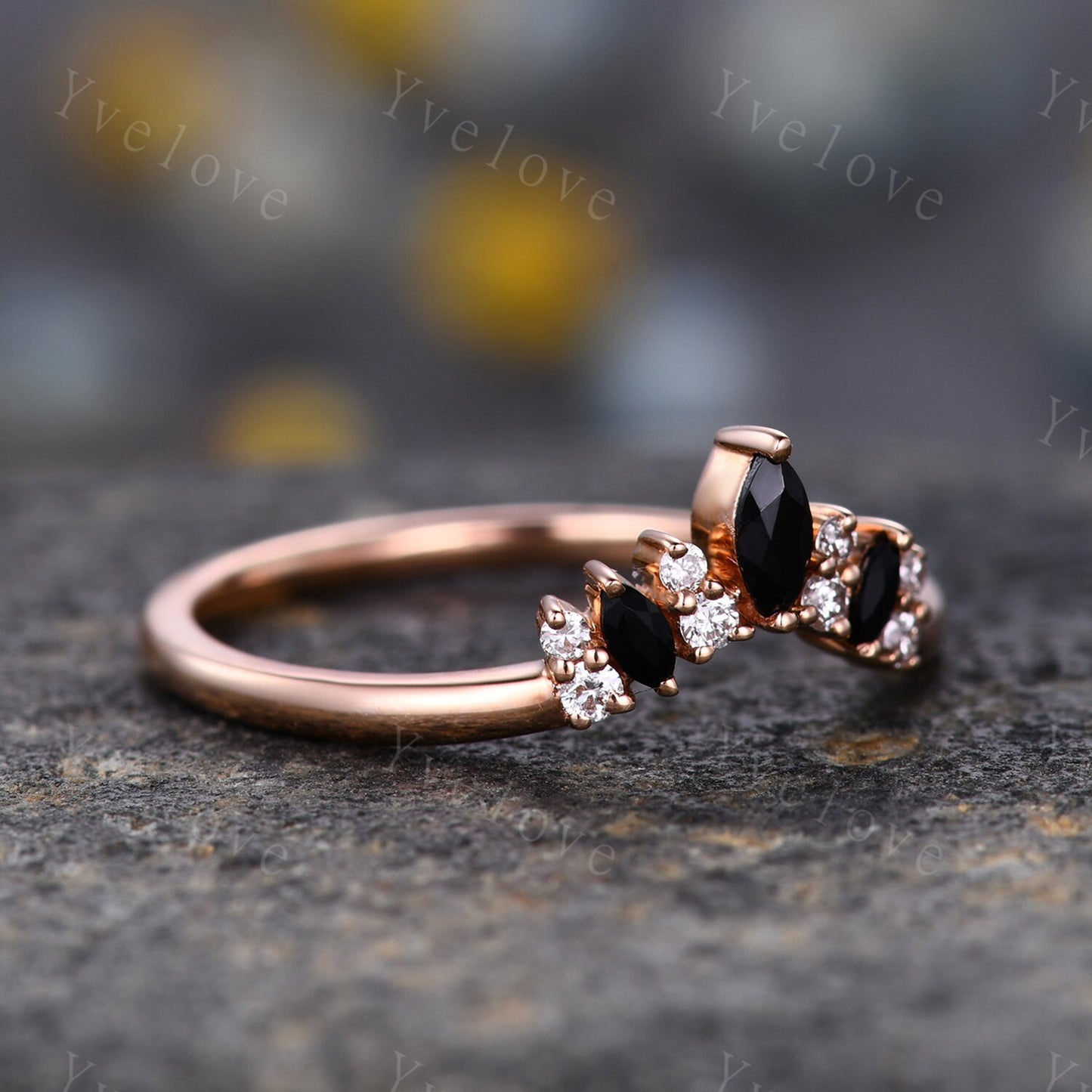 Black Spinel Wedding Band Moissanite Wedding Ring Rose Gold Engagement Ring Stacking Ring Curved Wedding Band Sterling Silver Dainty Ring