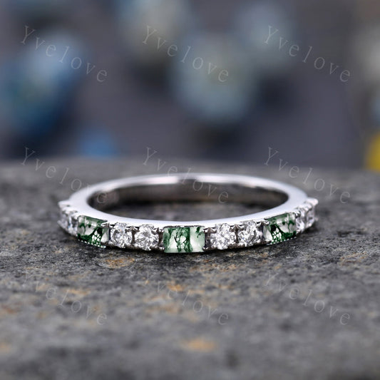 Baguette Cut Moss Agate and Diamond Wedding Ring Half Eternity Band Stacking Match Ring 14K White Gold Anniversary Gift For Her Customized