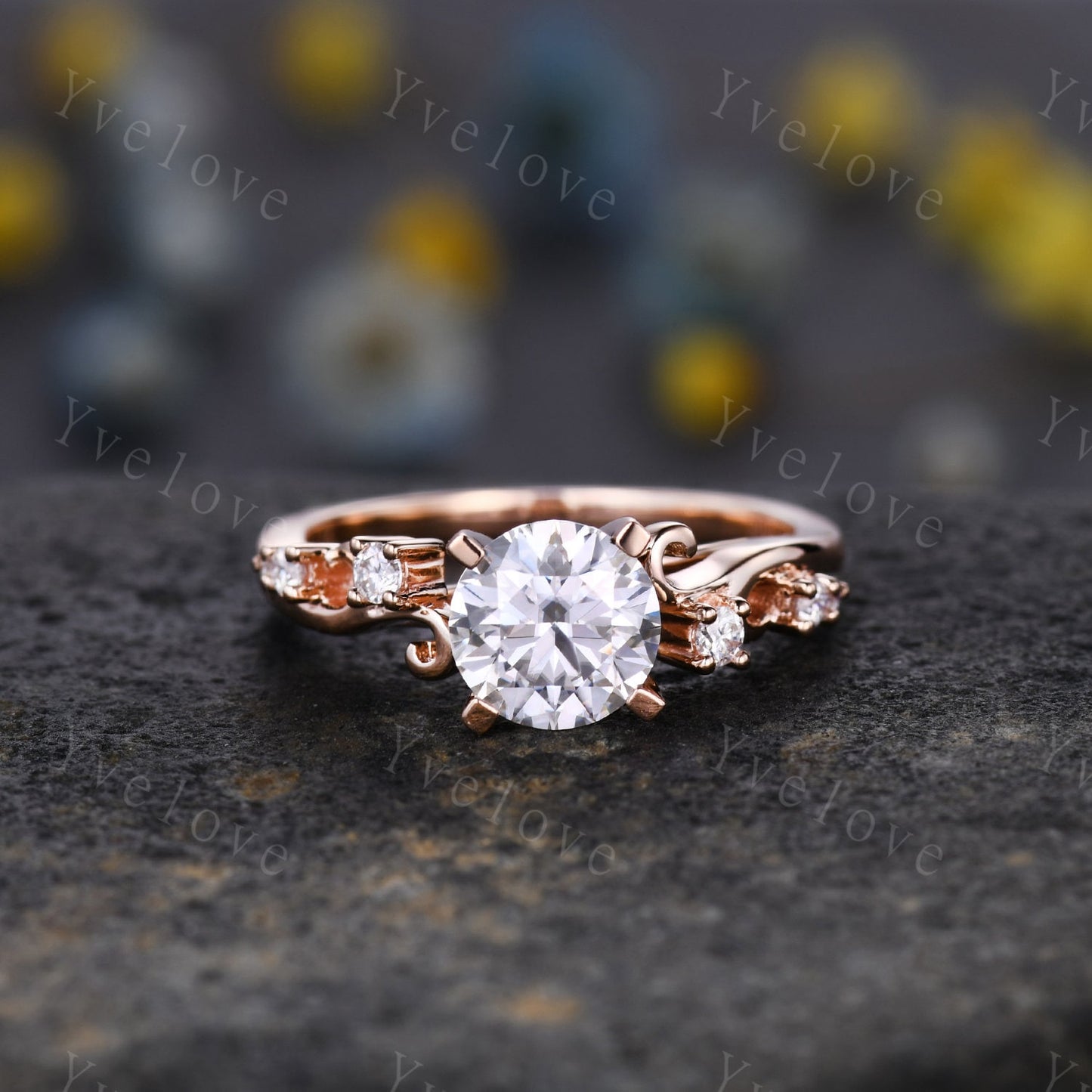 Vintage Moissanite Engagement Ring,Rose Gold Moissanite Wedding Set,Art Deco Unique Diamond Wedding Ring,Antique Bridal Set Curve Open Band