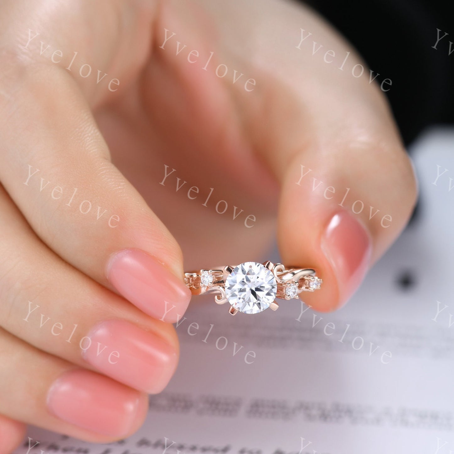 Vintage Moissanite Engagement Ring,Rose Gold Moissanite Wedding Set,Art Deco Unique Diamond Wedding Ring,Antique Bridal Set Curve Open Band