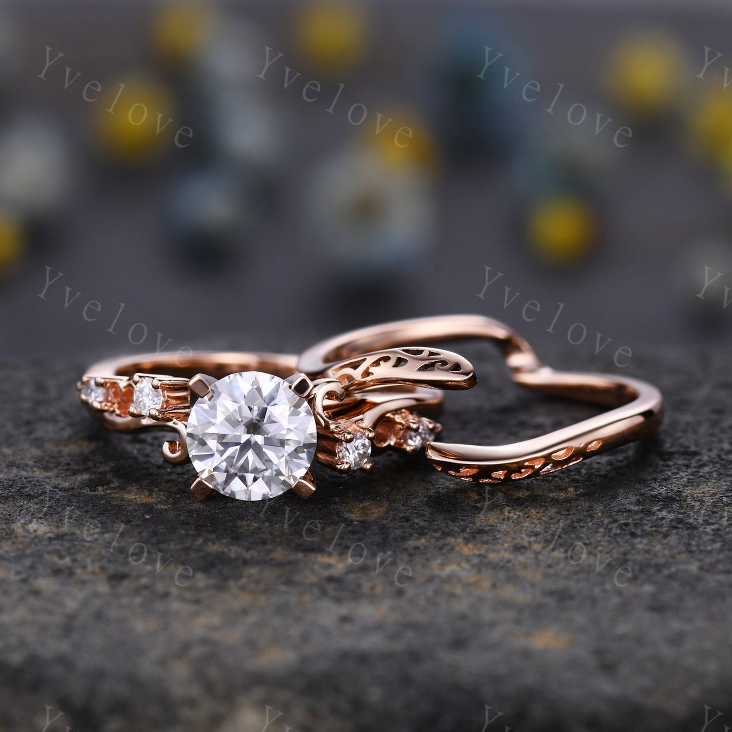 Vintage Moissanite Engagement Ring,Rose Gold Moissanite Wedding Set,Art Deco Unique Diamond Wedding Ring,Antique Bridal Set Curve Open Band
