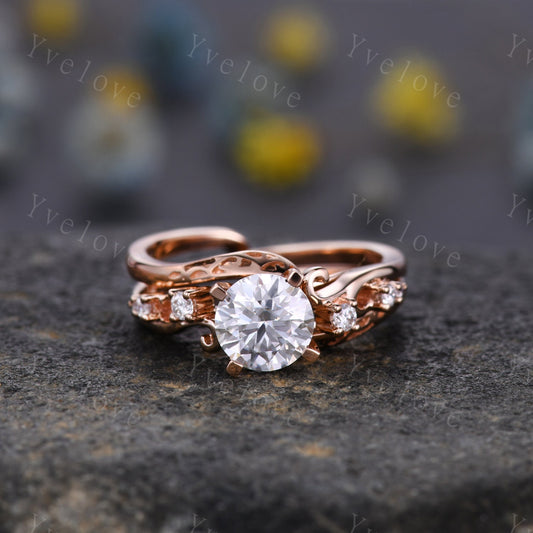 Vintage Moissanite Engagement Ring,Rose Gold Moissanite Wedding Set,Art Deco Unique Diamond Wedding Ring,Antique Bridal Set Curve Open Band