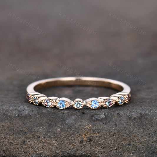 Alexandrite and Blue Topaz Ring, Alexandrite Wedding Band, June Birthstone Ring, Art Deco Stackable Ring, Anniversary Ring, Gift For Her