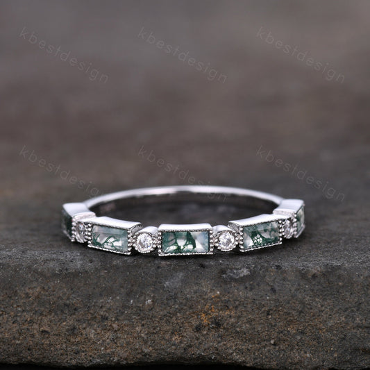 Moss Agate Wedding Band Half Eternity Baguette Moss Agate Band Art Deco Stacking Wedding Ring Anniversary Ring Sterling Silver Rose Gold