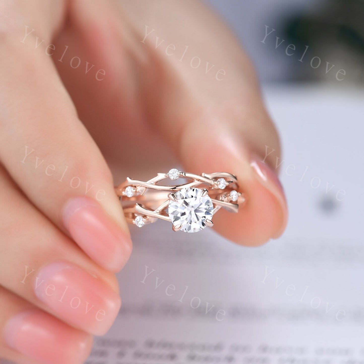 1.2ct Vintage Moissanite Engagement Ring,Twisted Ring,Leaf and Vines Moissanite Bridal Set,Branch Ring,Danity Twig Diamond Ring,Rose gold