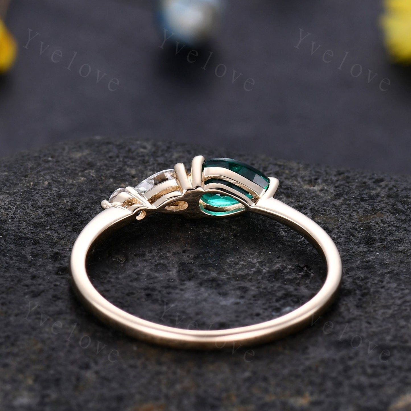 Vintage Emerald Ring Engagement Ring,Pear Cut Gems,Art Deco Moissanite Wedding Band,3 Stone Unique Women Bridal Promise Ring Gift,Rose gold
