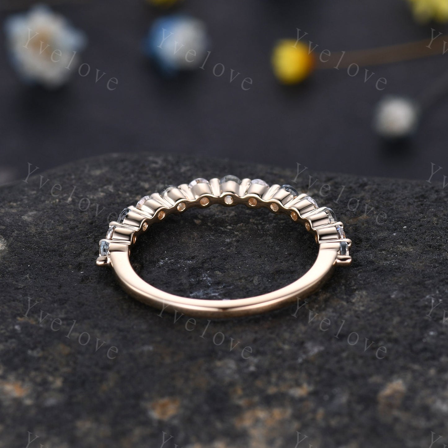 2mm Round Aquamarine Moissanite Band,Alternative Ring,Unique Moissanite Wedding Band,Women Moissanite Matching Band,Gold Ring Gift,Custom