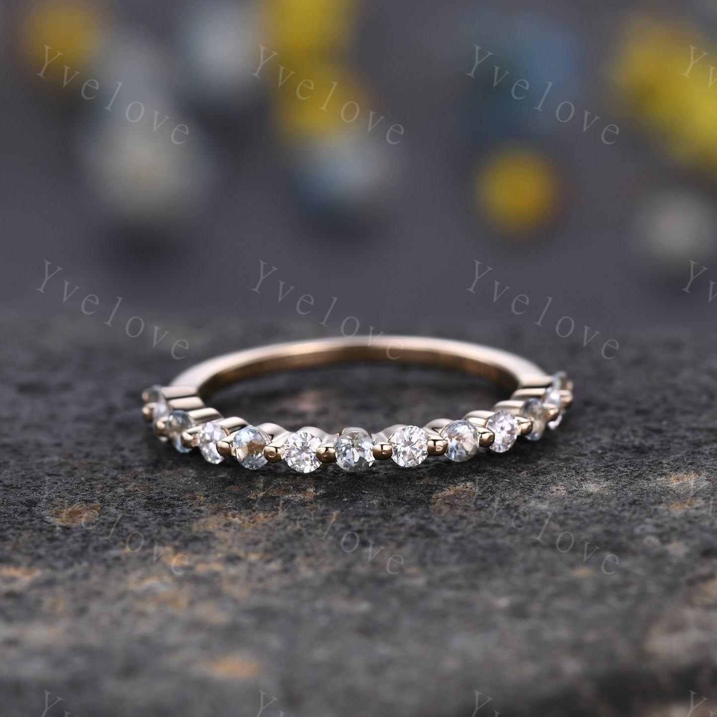 2mm Round Aquamarine Moissanite Band,Alternative Ring,Unique Moissanite Wedding Band,Women Moissanite Matching Band,Gold Ring Gift,Custom