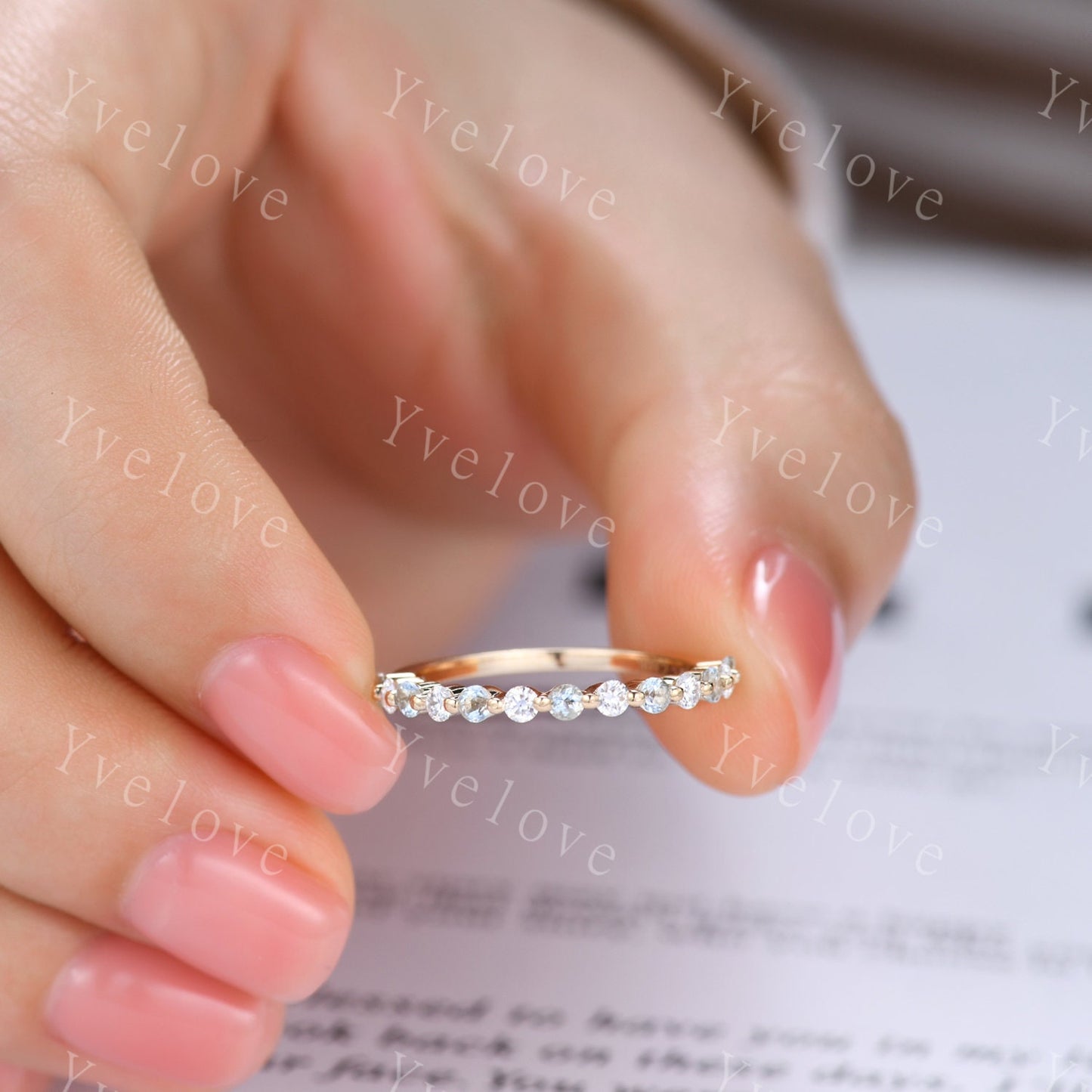 2mm Round Aquamarine Moissanite Band,Alternative Ring,Unique Moissanite Wedding Band,Women Moissanite Matching Band,Gold Ring Gift,Custom