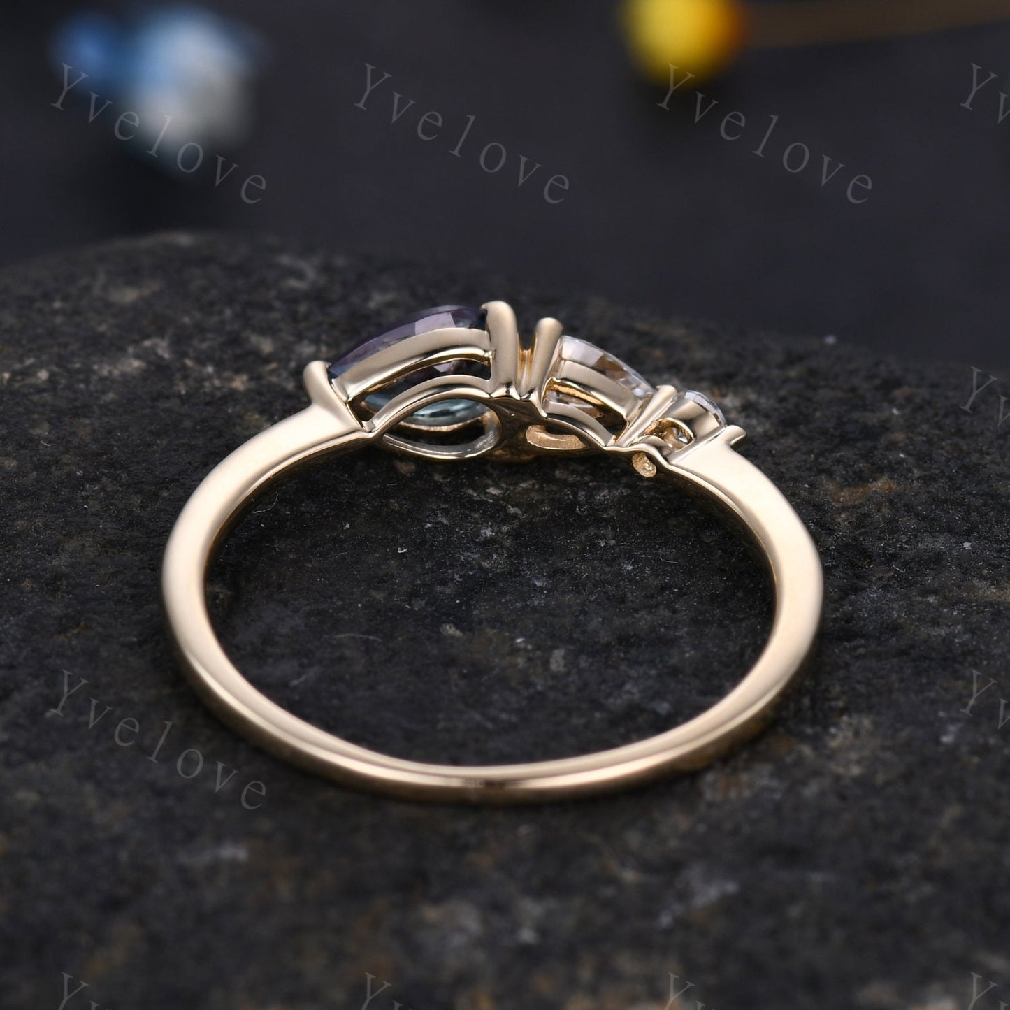 Vintage Alexandrite Engagement Ring,Pear Cut Gems,Art Deco Moissanite Wedding Band,3 Stone Unique Women Bridal Promise Ring,Yellow Gold Ring