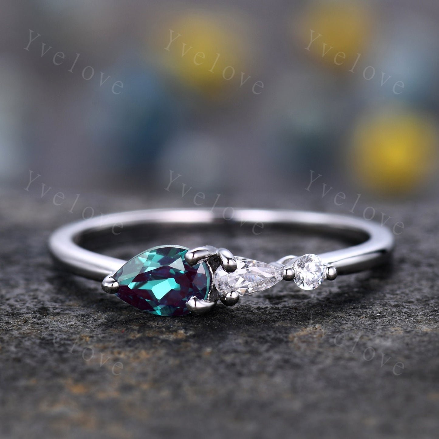 Vintage Alexandrite Engagement Ring,Pear Cut Gems,Art Deco Moissanite Wedding Band,3 Stone Unique Women Bridal Promise Ring,Yellow Gold Ring