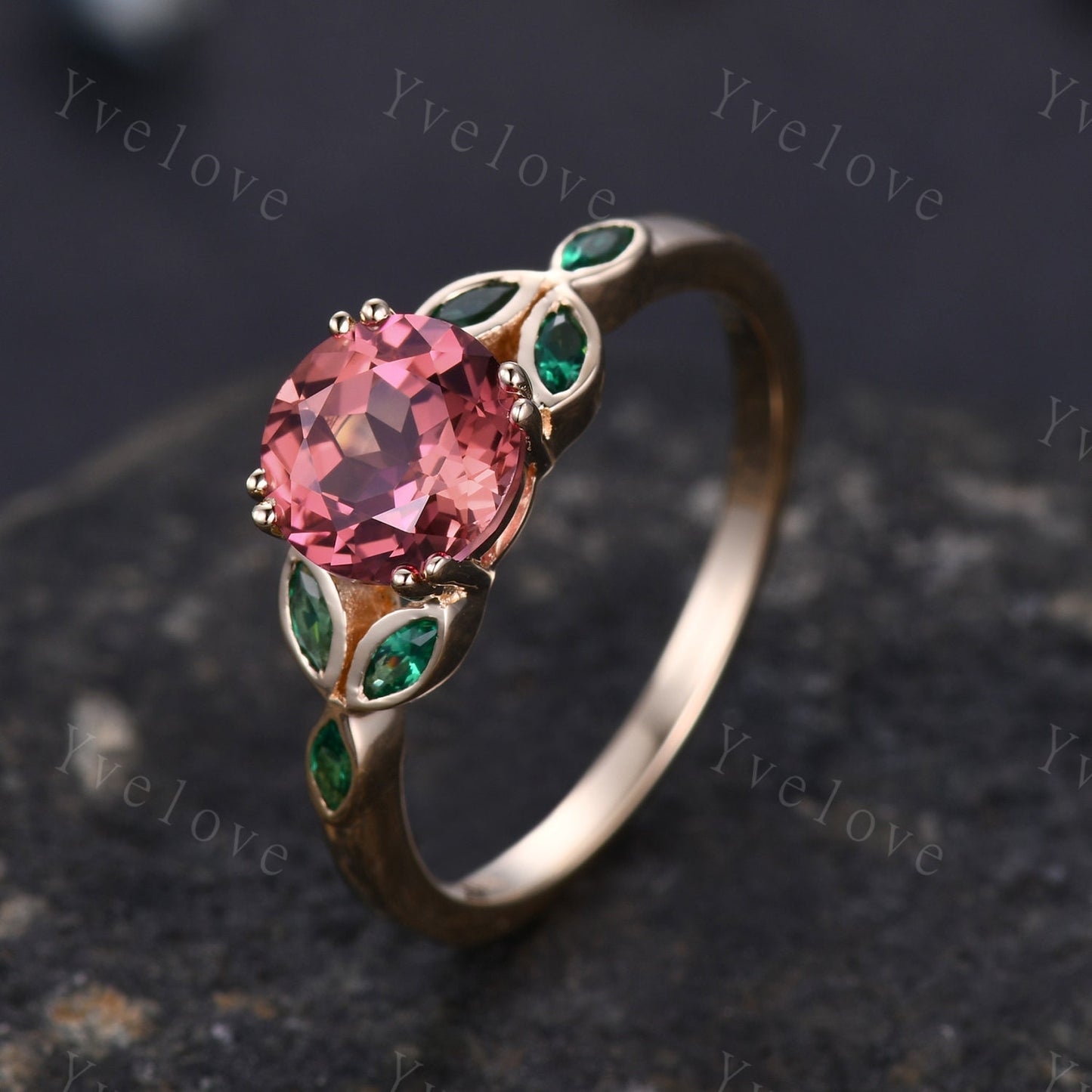 7mm round shaped Padparadscha sapphire engagement ring,Unique sapphire emerald ring,Marquise emerald,gold ring,Promise ring,Anniversary gift