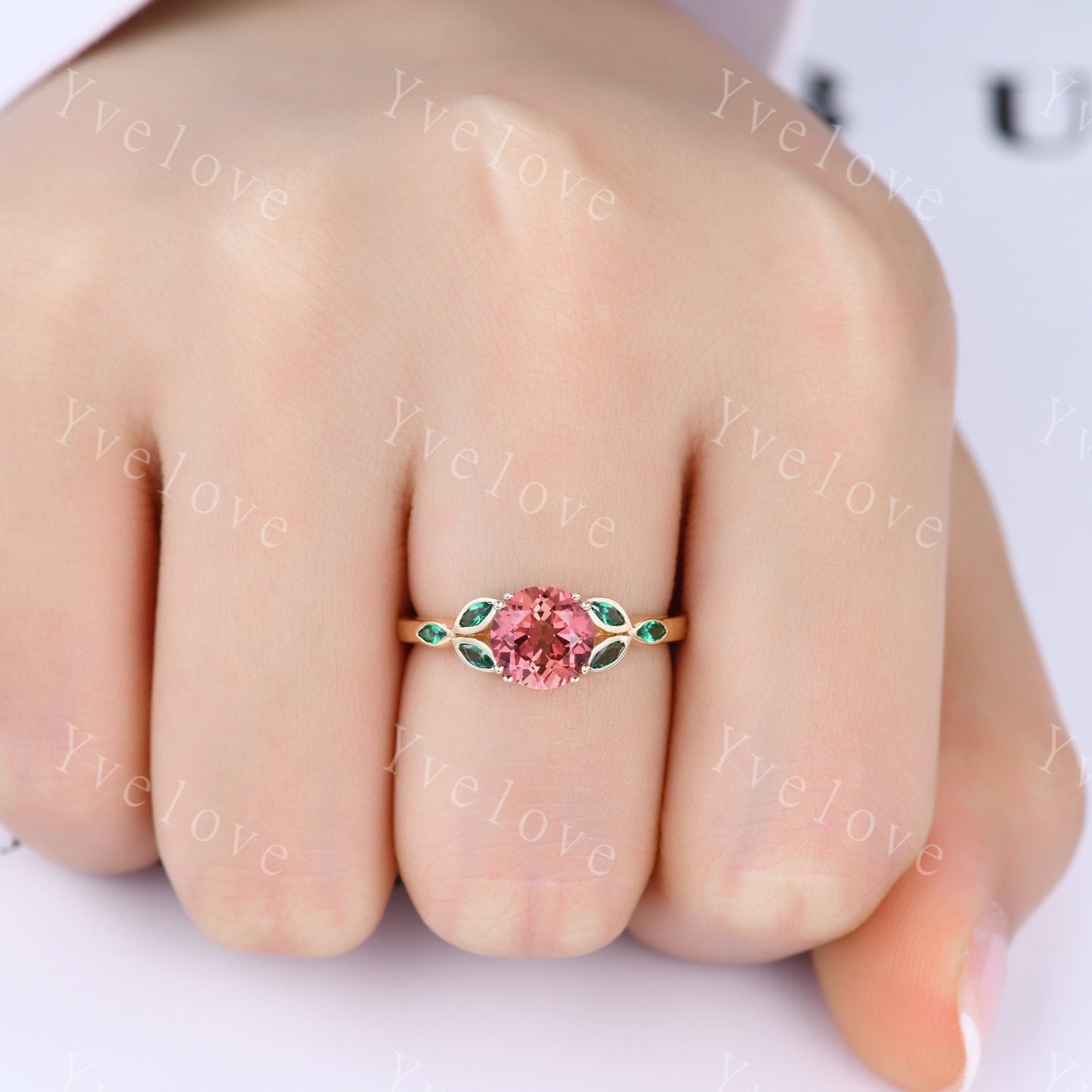 7mm round shaped Padparadscha sapphire engagement ring,Unique sapphire emerald ring,Marquise emerald,gold ring,Promise ring,Anniversary gift